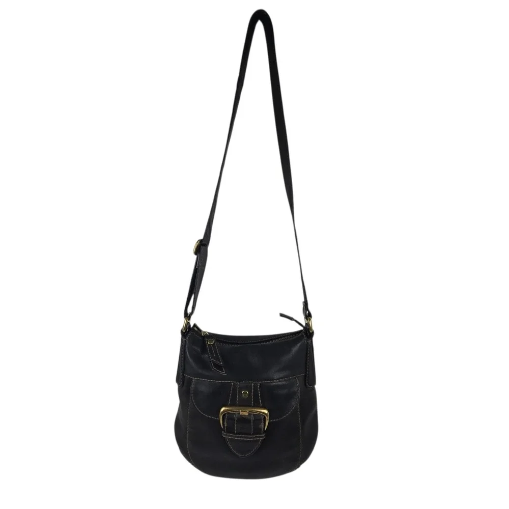 Vtg Fossil Black Leather Crossbody w Large Brass Buckle Pocket & Hardware ZB2493